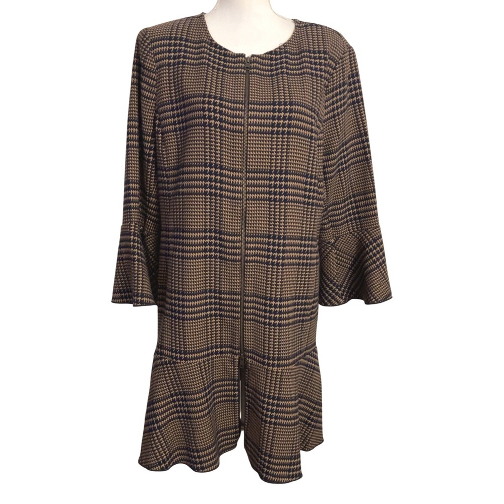 Cabi Flounce Jacket #3902 Brown Navy Plaid Houndstooth Print Flared Jacket Sz L